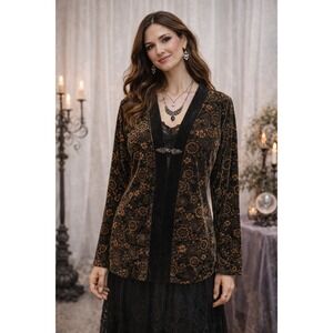 Whimsigoth FairyGoth Party Vintage Velvet BlackTan Floral Kimono L 12/14 Jacket